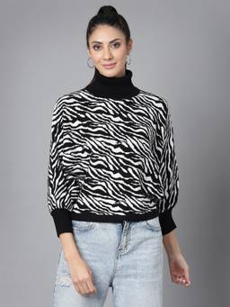 Mafadeny - Women Zebra Print High Neck Black Top