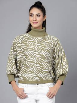 Mafadeny - Women Zebra Print High Neck Green Top