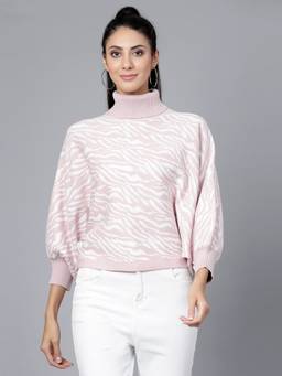 Mafadeny - Women Zebra Print High Neck Pink Top