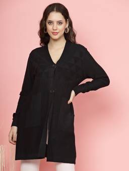 Mafadeny - Women Longline Buttoned Knit Black Top