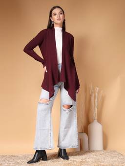 Mafadeny - Women Open Front Textured Asymmetric Cardigan
