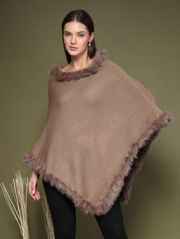 Mafadeny - Women Solid Fur Trim Brown Poncho