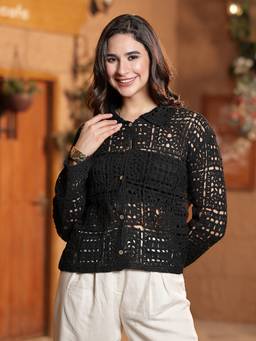 Mafadeny - Women Self Design Collared Button Front Knit Black Top