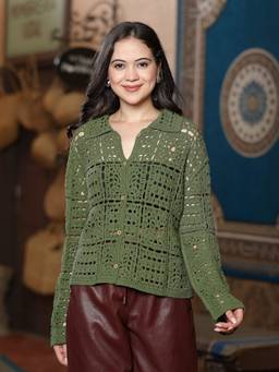 Mafadeny - Women Self Design Collared Button Front Knit Green Top