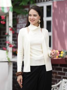 Mafadeny - Women Solid High Neck Full Sleeve Off White Top