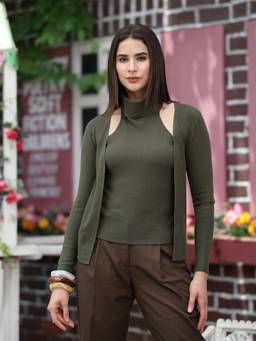 Mafadeny - Women Solid High Neck Full Sleeve Green Top