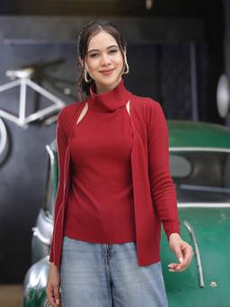 Mafadeny - Women Solid High Neck Full Sleeve Red Top