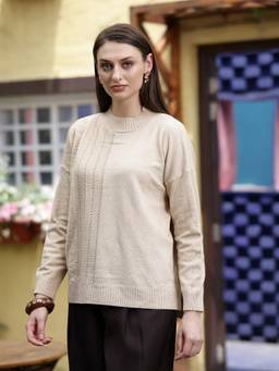 Mafadeny - Women Embellished Round Neck Beige Top