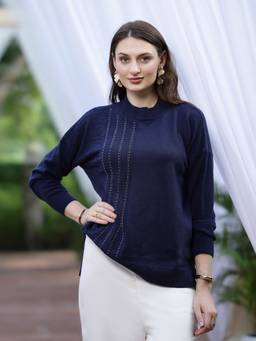 Mafadeny - Women Embellished Round Neck Blue Top