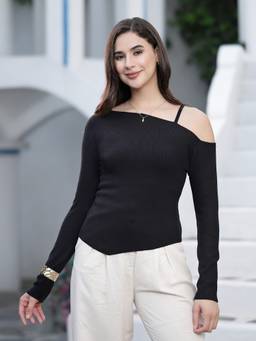 Mafadeny - Women Solid Asymmetric Neck Full Sleeve Black Top