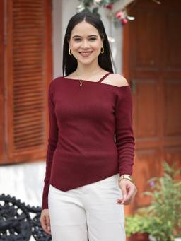 Mafadeny - Women Solid Asymmetric Neck Full Sleeve Red Top
