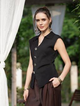 Mafadeny - Women Sleeveless Collared Button Front Casual Wear Black Top