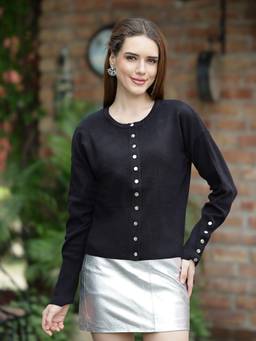 Mafadeny - Women Solid Round Neck Button Front Knit Black Top