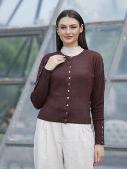 Mafadeny - Women Solid Round Neck Button Front Knit Brown Top