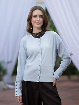 Mafadeny - Women Solid Round Neck Button Front Knit Blue Top