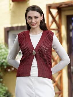 Mafadeny - Women V-Neck Casual Knit Red Top