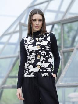 Mafadeny - Women Abstract Printed Sleeveless Round Neck Button-Front Black Top