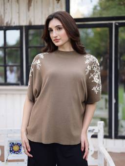 Mafadeny - Women Embroidered Mock Neck Short Sleeve Knit Brown Top
