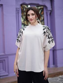Mafadeny - Women Embroidered Mock Neck Short Sleeve Knit Beige Top