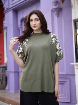 Mafadeny - Women Embroidered Mock Neck Short Sleeve Knit Green Top