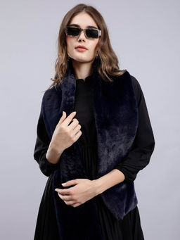 ANVI Be Yourself - Women Solid Fur Muffler Navy Blue