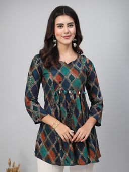 TANKHI - Women's Multi-Color Printed Tassel Top