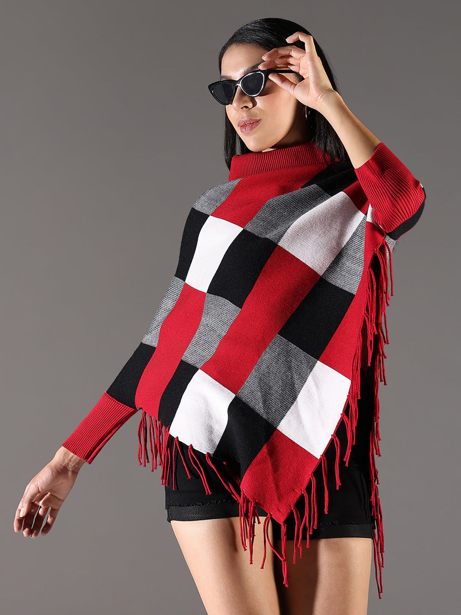 showoffff Womens Checked Multi-Color Longline Poncho-picture-33