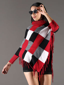 SHOWOFF - Womens Checked Multi-Color Longline Poncho