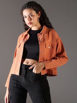 SHOWOFF - Womens Orange Solid Crop Denim Jacket