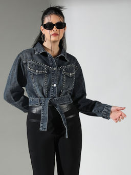 SHOWOFF - Womens Navy Blue Solid Crop Denim Jacket