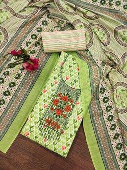 Zeepkart - Vichitra Cotton Blend Green Printed Embroidered Unstitched Dress Material (Set of 3)