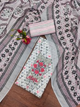 Zeepkart - Vichitra Cotton Blend Grey Printed Embroidered Unstitched Dress Material (Set of 3)