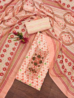 Zeepkart - Vichitra Cotton Blend Orange Printed Embroidered Unstitched Dress Material (Set of 3)