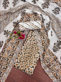 Zeepkart - Vichitra Cotton Blend Brown Floral Sequined Unstitched Dress Material (Set of 3)