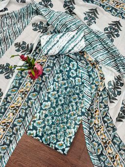 Zeepkart - Vichitra Cotton Blend Blue Floral Sequined Unstitched Dress Material (Set of 3)