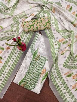 Zeepkart - Vichitra Cotton Blend White Green Printed Sequined Unstitched Dress Material (Set of 3)