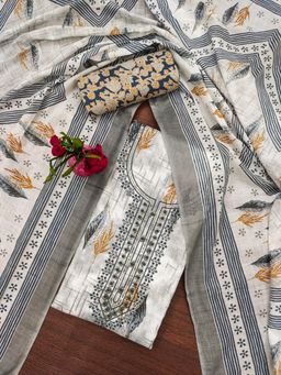 Zeepkart - Vichitra Cotton Blend White Grey Printed Sequined Unstitched Dress Material (Set of 3)