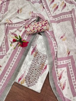 Zeepkart - Vichitra Cotton Blend White Purple Printed Sequined Unstitched Dress Material (Set of 3)