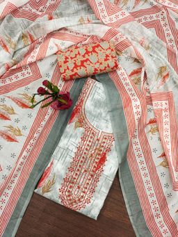 Zeepkart - Vichitra Cotton Blend White Orange Printed Sequined Unstitched Dress Material (Set of 3)