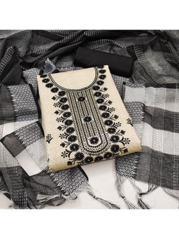 Zeepkart - Vichitra Cotton Blend Beige Black Embroidered Sequined Unstitched Dress Material (Set of 3)