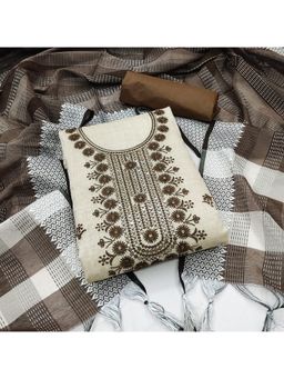 Zeepkart - Vichitra Cotton Blend Beige Brown Embroidered Sequined Unstitched Dress Material (Set of 3)