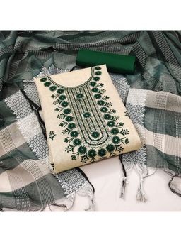 Zeepkart - Vichitra Cotton Blend Beige Green Embroidered Sequined Unstitched Dress Material (Set of 3)