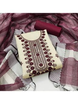 Zeepkart - Vichitra Cotton Blend Beige Purple Embroidered Unstitched Dress Material (Set of 3)