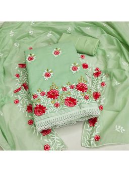 Zeepkart - Vichitra Chanderi Green Floral Lace Work Unstitched Dress Material (Set of 3)