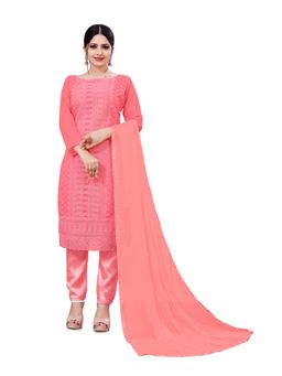 Zeepkart - Vichitra Georgette Peach Embroidered Thread Work Unstitched Dress Material (Set of 3)