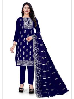 Zeepkart - Vichitra Organza Silk Navy Blue Embroidered Lace Work Unstitched Dress Material (Set of 3)