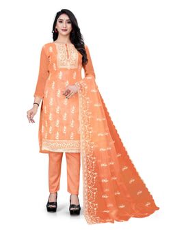 Zeepkart - Vichitra Organza Silk Orange Embroidered Lace Work Unstitched Dress Material (Set of 3)
