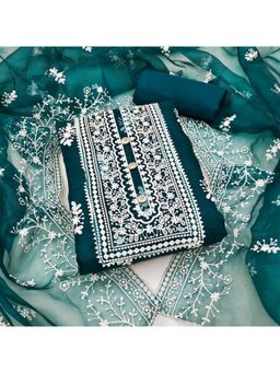 Zeepkart - Vichitra Organza Silk Teal Embroidered Lace Work Unstitched Dress Material (Set of 3)