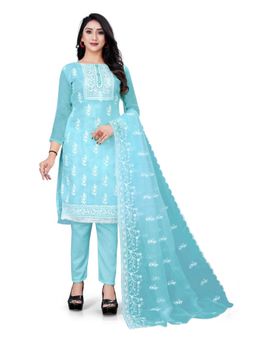 Zeepkart - Vichitra Organza Silk Turquoise Embroidered Lace Work Unstitched Dress Material (Set of 3)