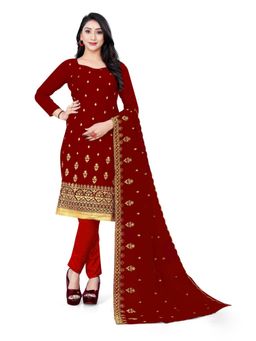 Zeepkart - Vichitra Georgette Maroon Zari Embroidered Unstitched Dress Material (Set of 3)
